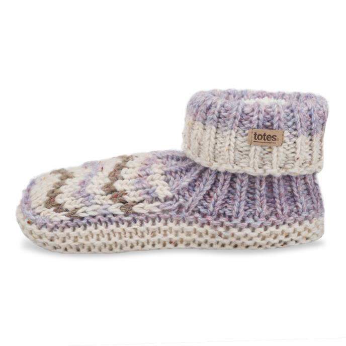 totes toasties® Ladies Sherpa Lined Chunky Knit Bootie Purple / Oat Mix Extra Image 4